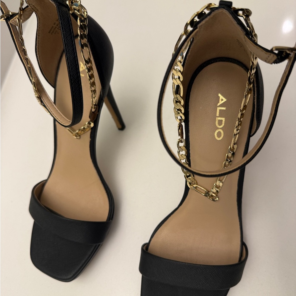 Aldo Black Heels with Gold Chain Detail